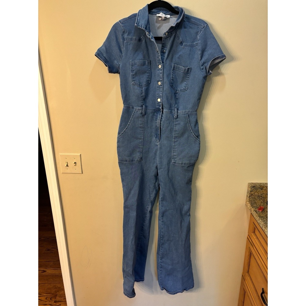 Denim BLVD Los Angeles Women's Jumpsuit Size L Short Sleeve Button Zip Blue